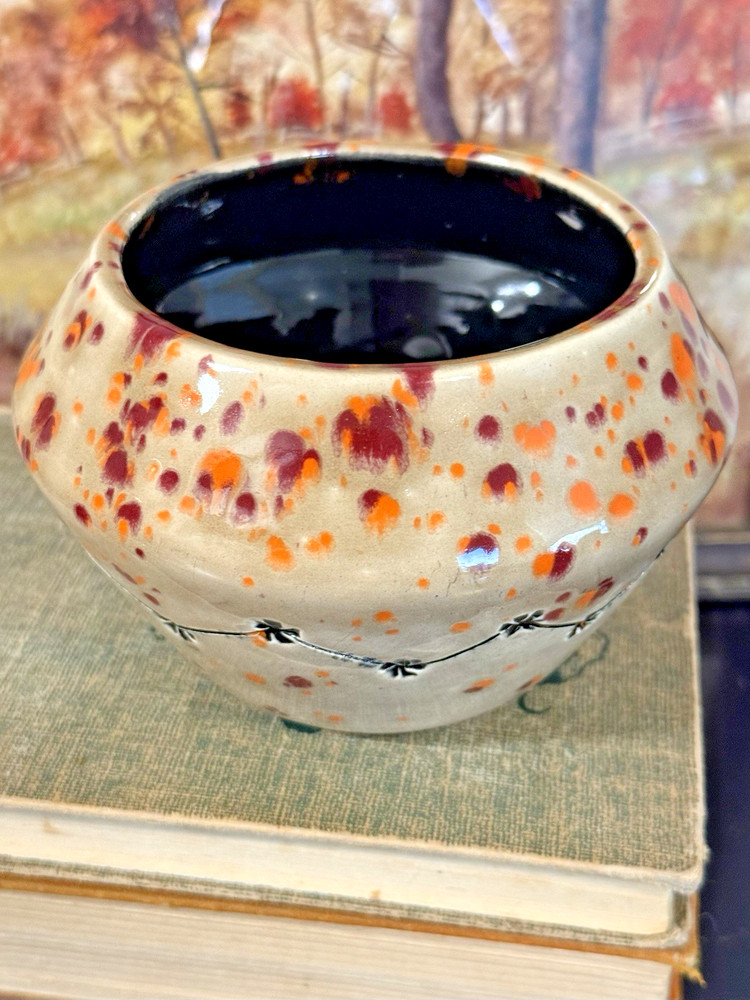 Hobbyist Ceramic Vase Splatter Pattern Orange Maroon Black Signed JTEC '22