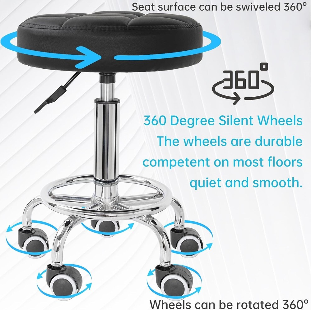 PU Leather Rolling Stool - Height Adjustable Swivel Stool with Foot Rest - Black