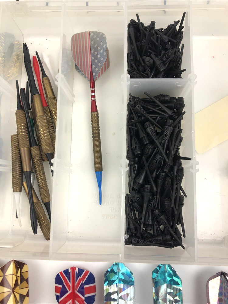 Plastic Soft Tip Throwing Darts Shafts Tips Feathers Some VTG + Plastic Case
