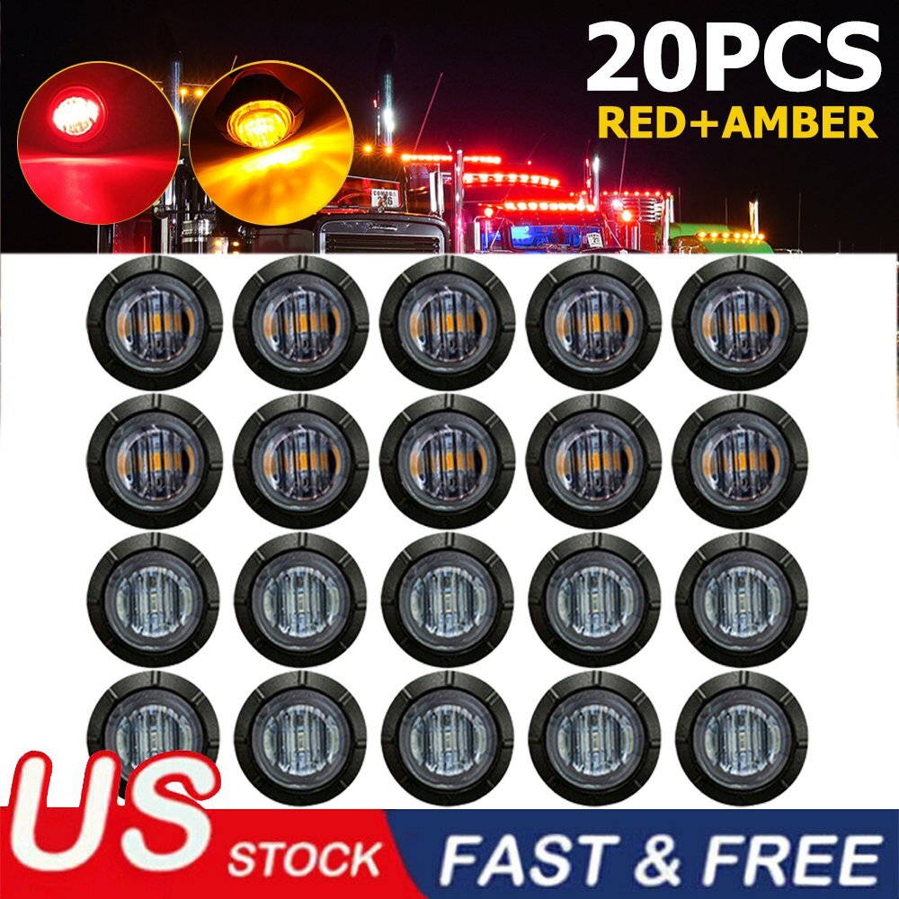 20X 3/4" 12V Marker LIGHTS LED Bullet Amber Red Truck Trailer RV Round Side Lamp