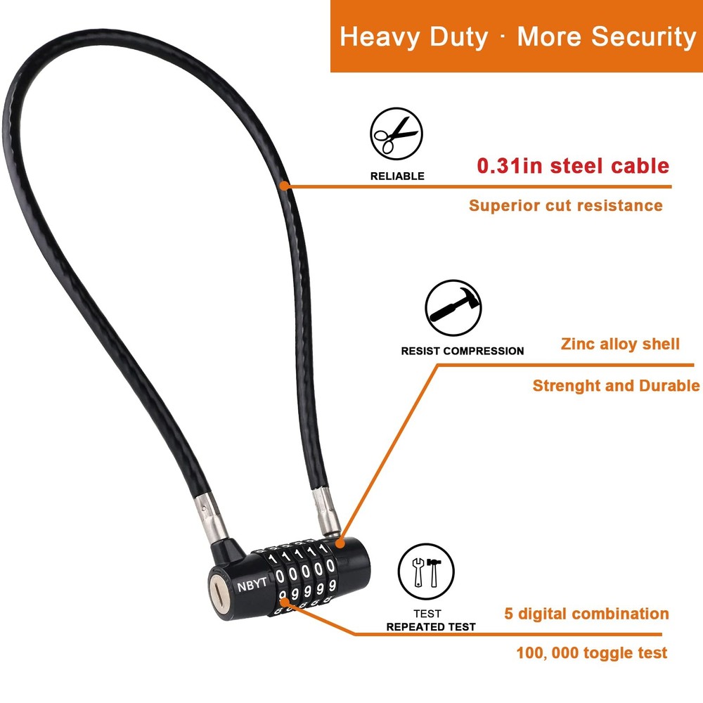 5-Digit Long Cable Locks with Combination Padlock,22" Length 5/16" Diameter,g...