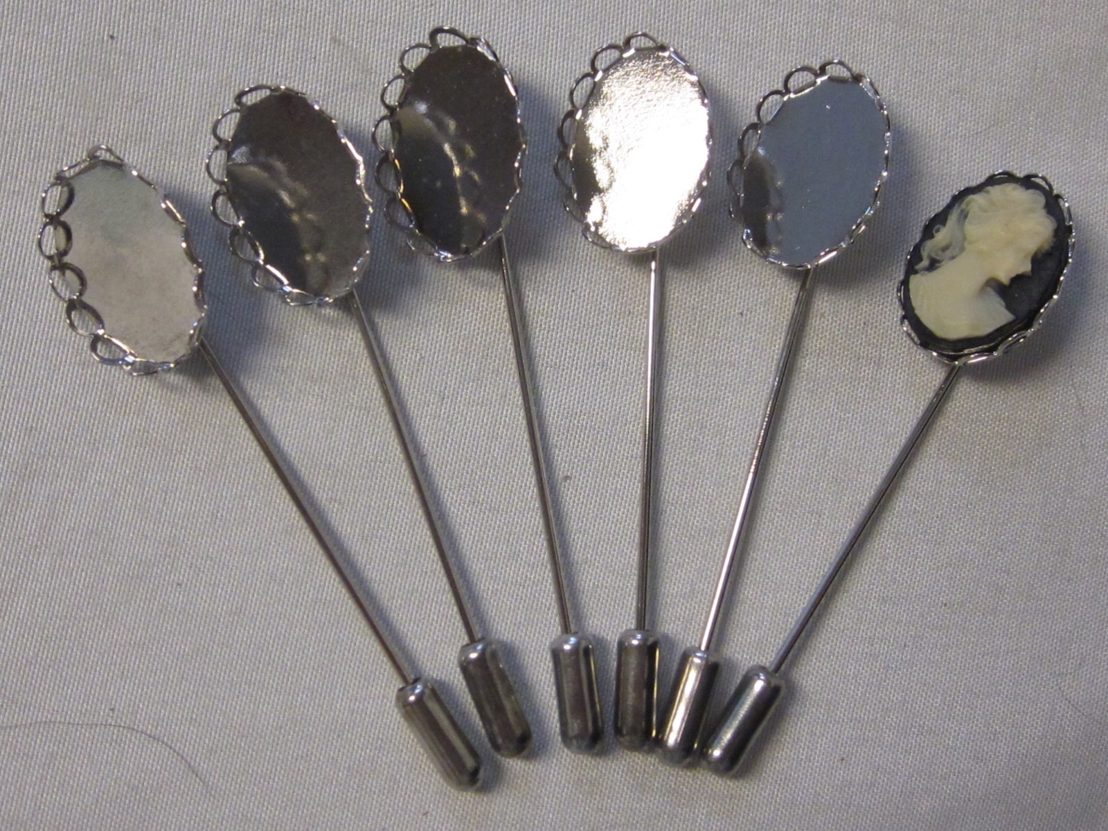 6 Bezel Stick Pins RHODIUM SILVER Plated 13X18mm Oval Cameo Settings w/ Clutches