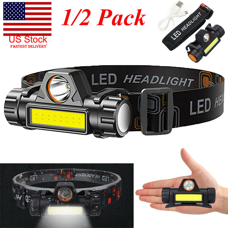 1/2Pack LED Headlamp Headlight Flashlight USB Rechargeable Waterproof Head Light