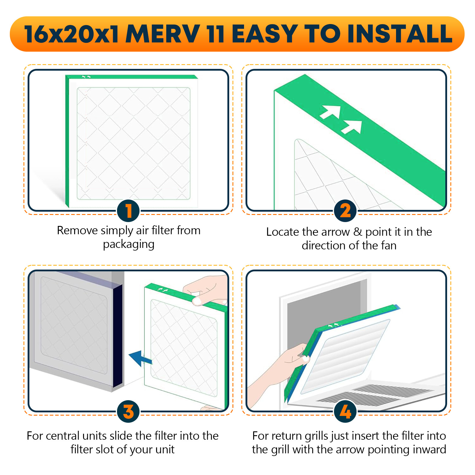 16x20x1 Pleated Air Filters, Replacement for HVAC AC Furnace (MERV 11)