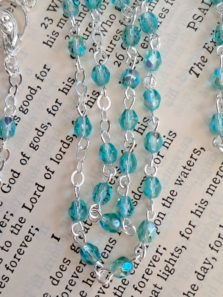 Mini Teal AB Czech Glass Rosary in Silver