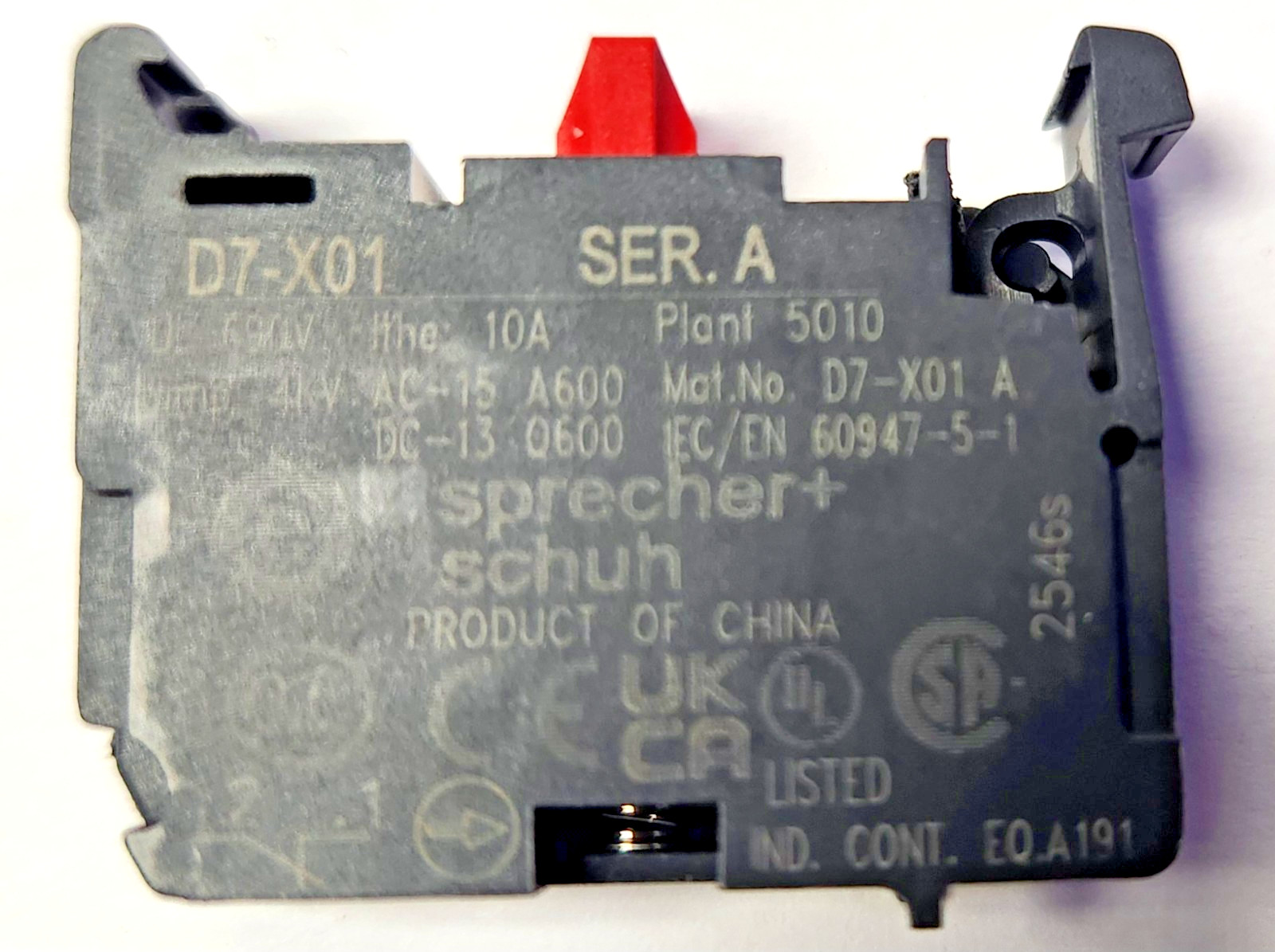 Qty One - PN# D7-X01 Sprecher + Schuh - N/C Normally Closed Contact Block Only