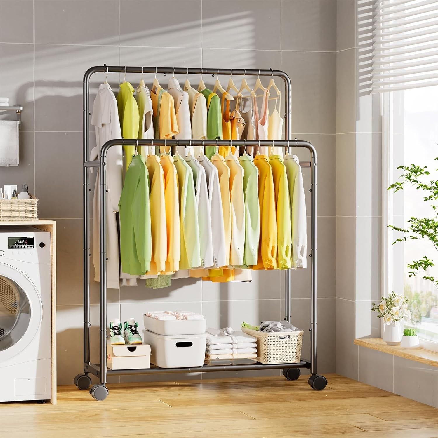 Perchero de moda simple con dos barras y ruedas, perchero metálico rodante para