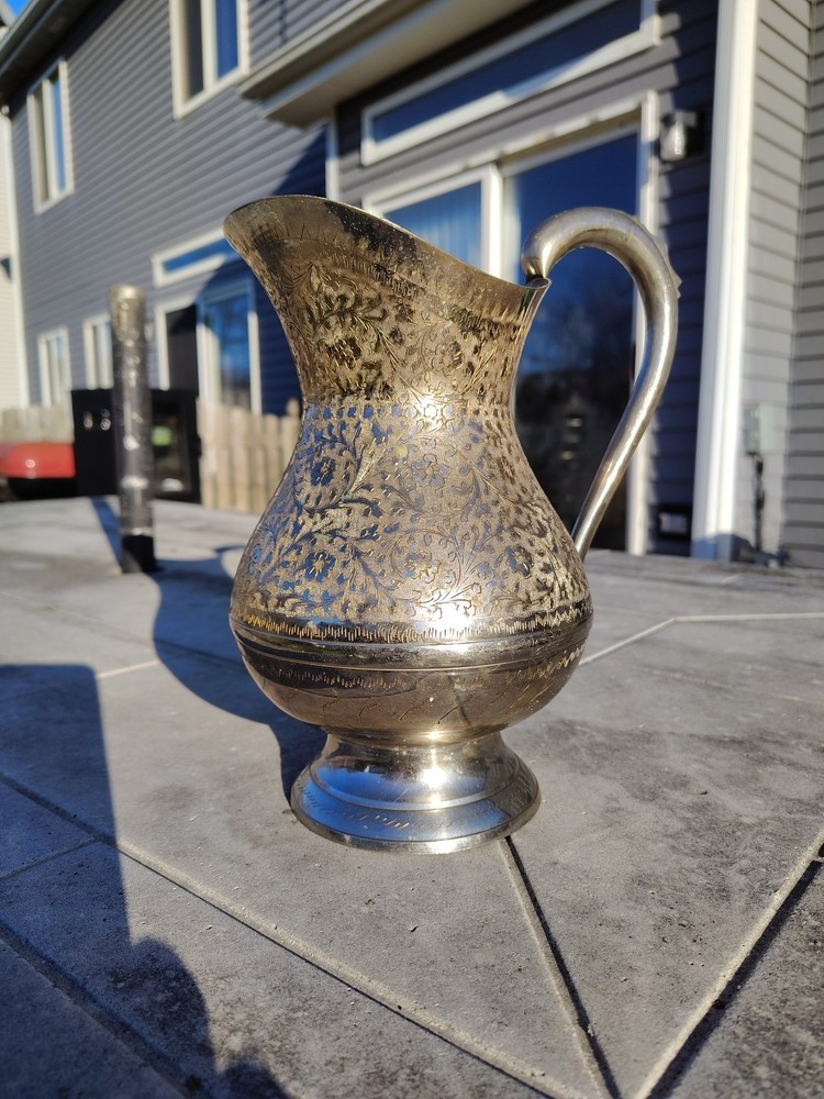 Silver Plated Brass Etched Design WATER PITCHER  9"  Patina With Matching Cup