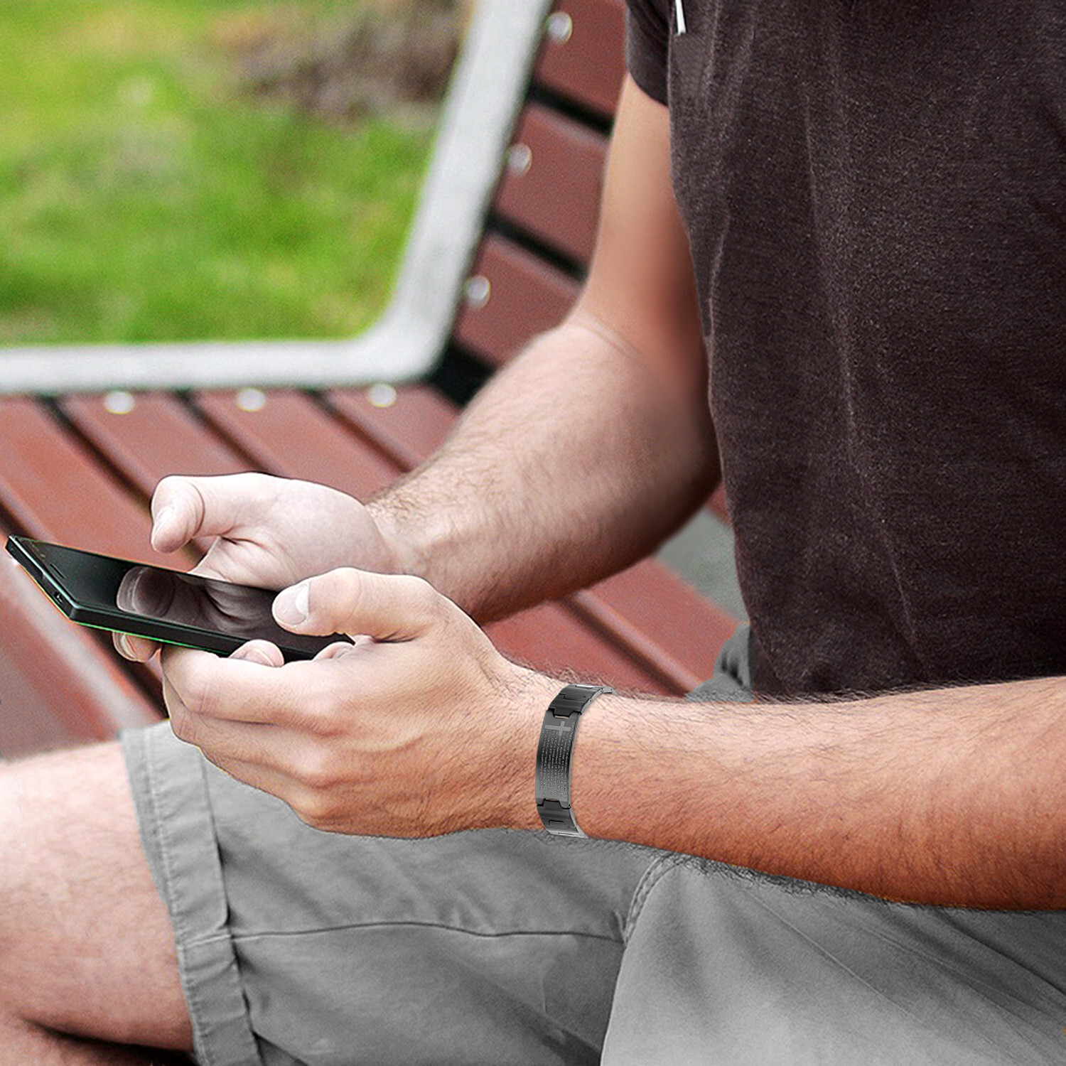 Men Black Stainless Steel Christ Cross English Bible Lords Prayer Chain Bracelet