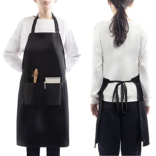 4 Pack Adjustable Apron Apron with 2 Pockets, Machine Washable Polycotton Black