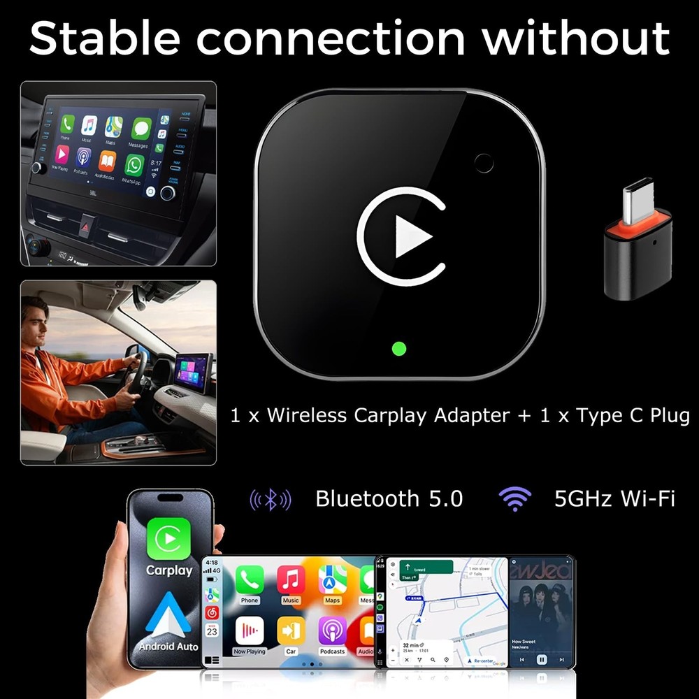 Wireless CarPlay Adapter for Apple iPhone & Android Auto USB Adapter Plug & Play