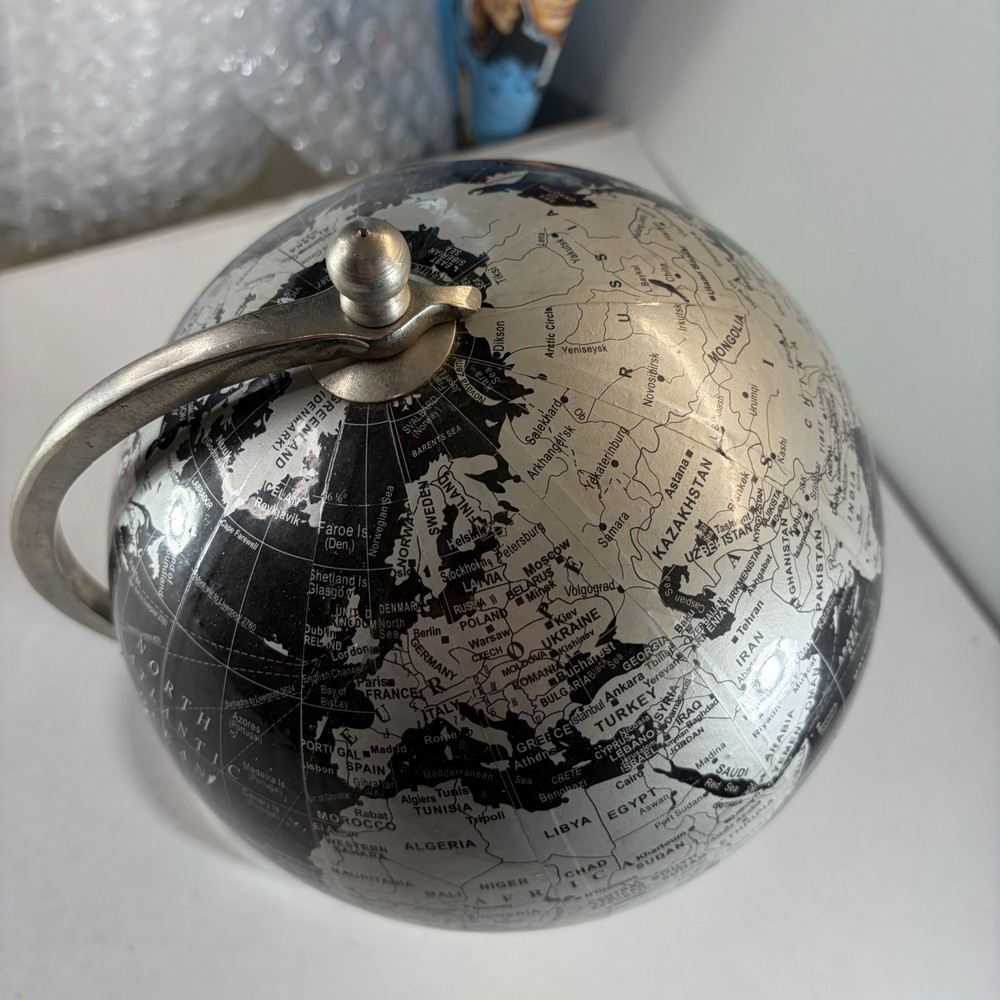Black Silver Chrome Desktop Globe Decor 12.5" With Clear Stand