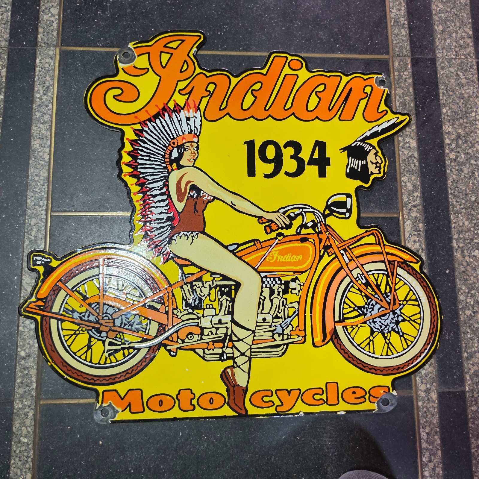 INDIAN MOTOCYCLES PORCELAIN ENAMEL SIGN 27 X 28 INCHES