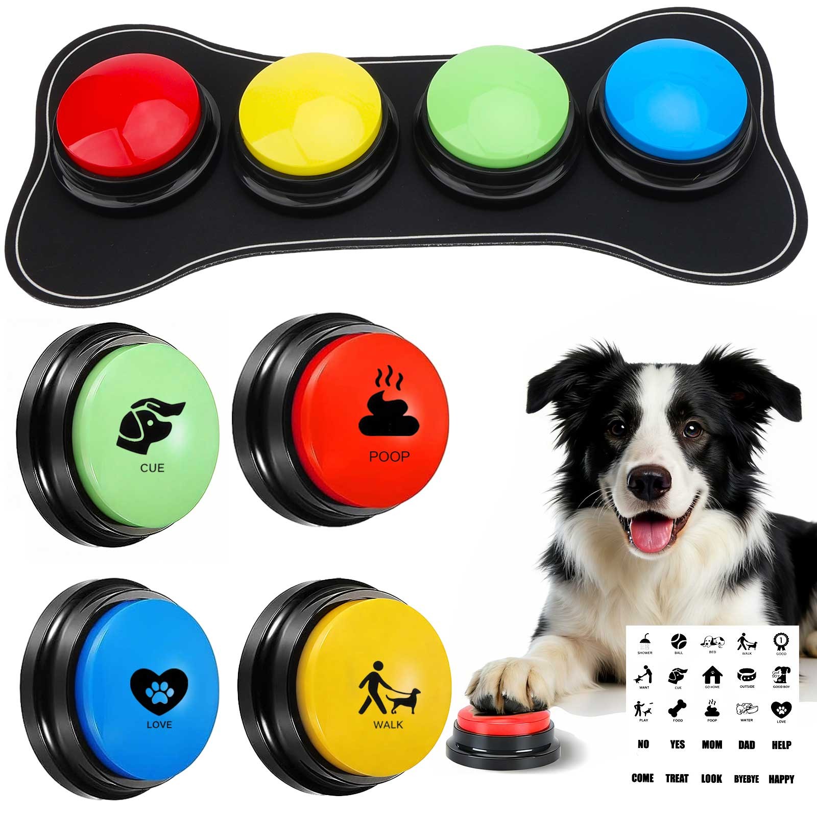 Dog Talking Buttons Communication Set 4 Recordable Voice Buttons w/ Pad Stickers