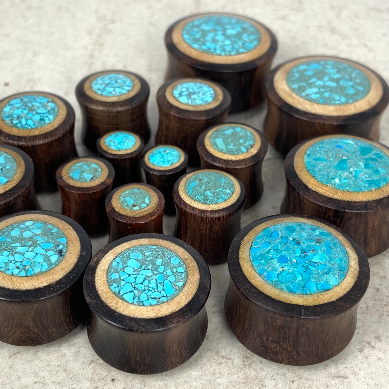 Pair of Sono Wood with Crushed Turquoise Inlay Plugs gauges organic plugs
