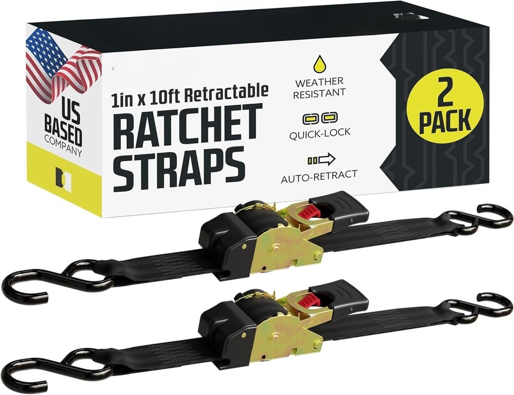 Automatic Retractable Ratchet Strap (2-Pack) 1" x 10', Heavy-Duty Design