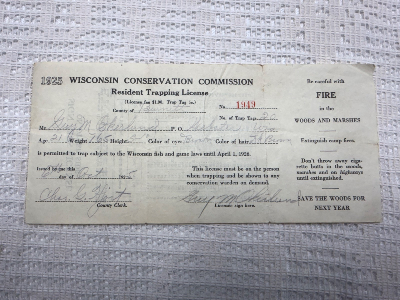 VTG 1925-26 Wisconsin Conservation Commission Resident Trapping License Burnett