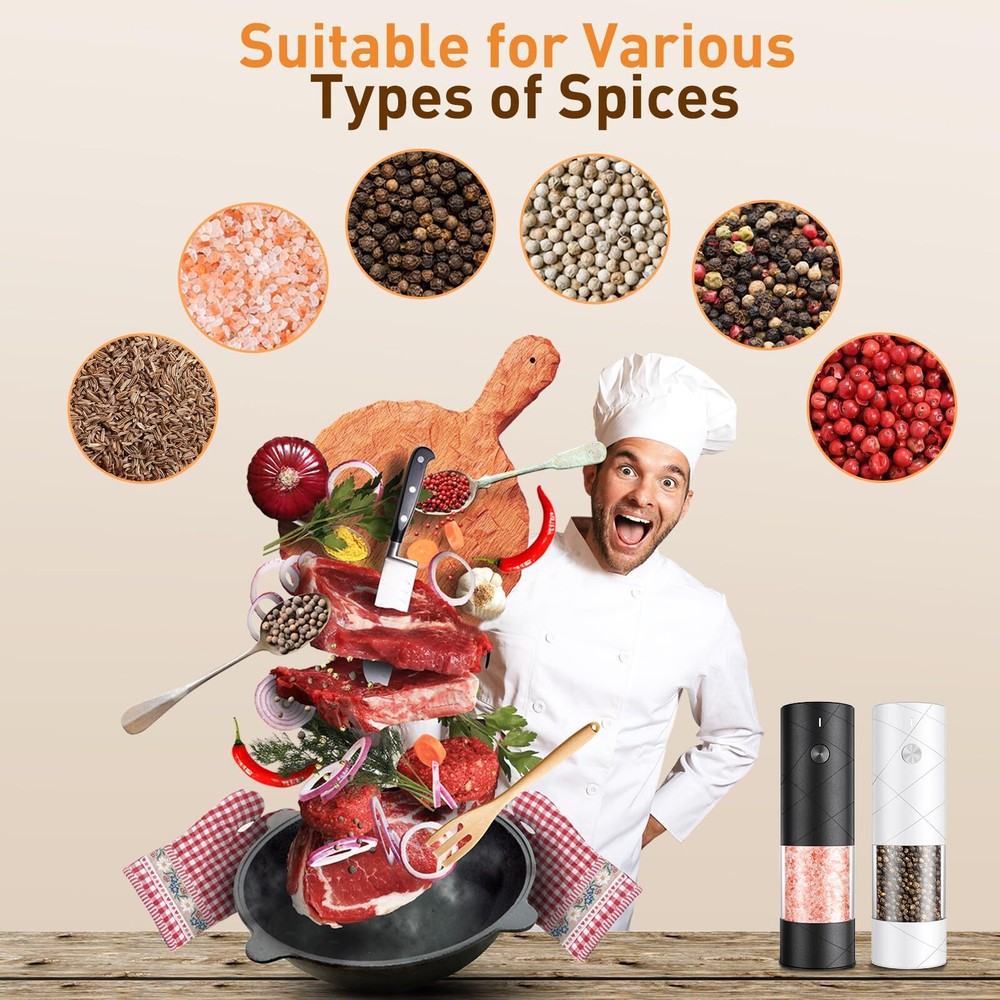 Rechargeable Salt & Pepper Grinders LED Light Adjustable One-Hand Use 2-Pack