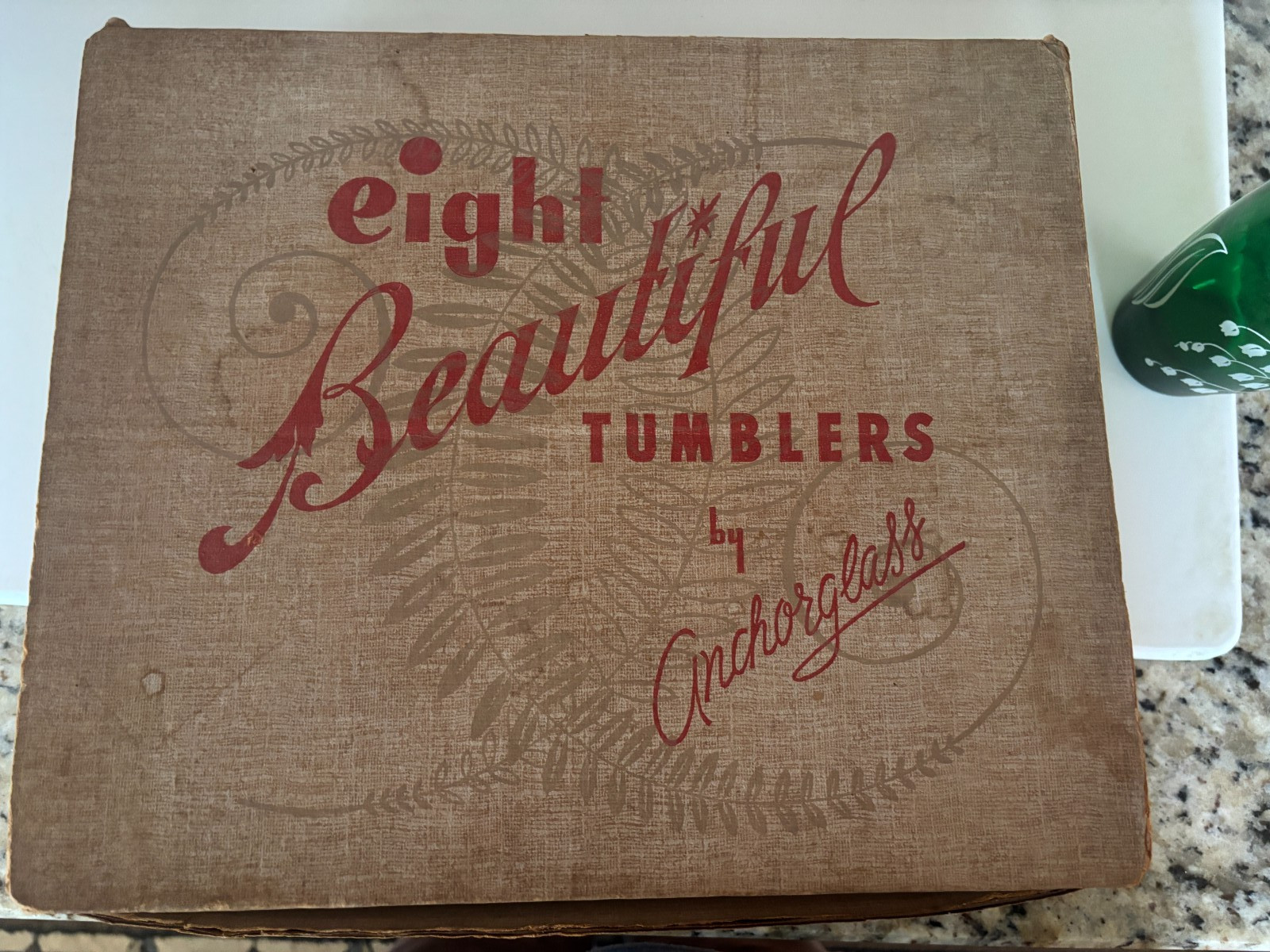 Vintage Anchor Hocking LILY OF THE VALLEY Green Glass Tumbler - 8 in orig box