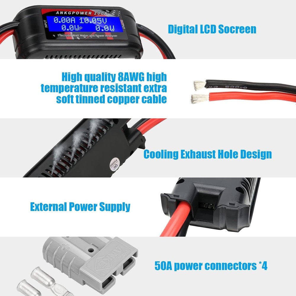 200A Power Analyzer with Digital LCD Screen for Voltage and Current Measurements