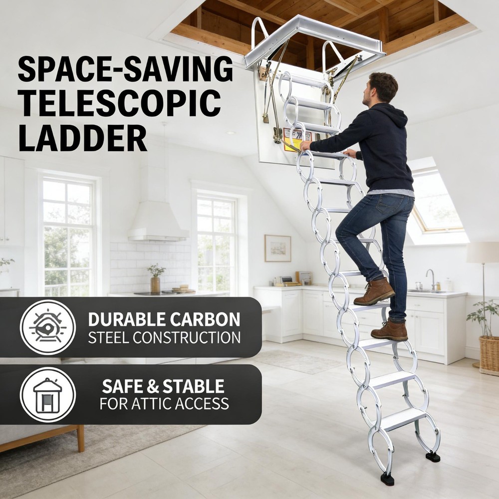 White Easy Pull Down Loft Ceiling Access Ladder Retractable Attic Ladder 9.84ft