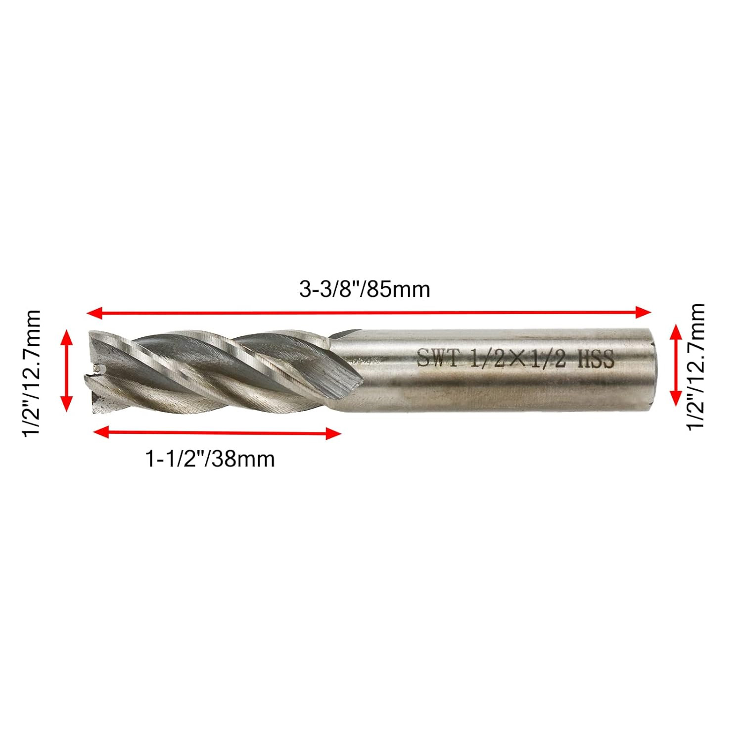 Square End Mill 1/2" Cutting Dia X 1/2" Shank Dia 4 Flute Straight End Mill Cut