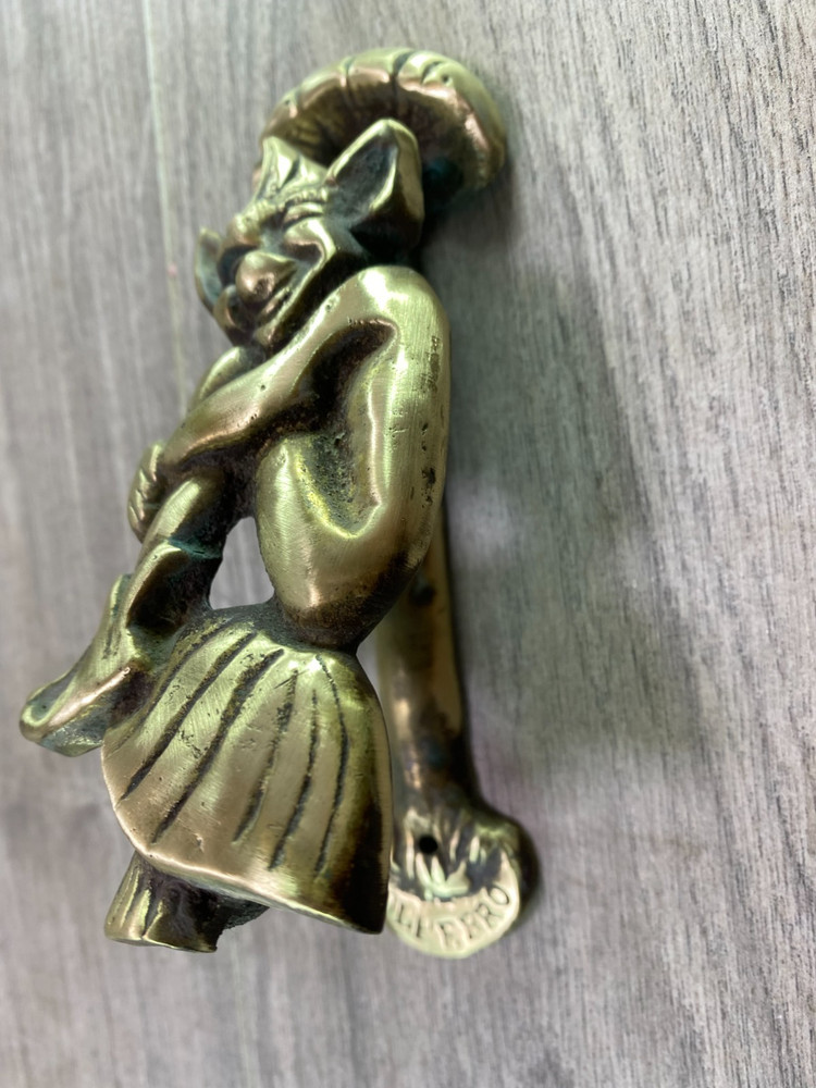 antique Solid Brass Pixie Impish Elf Leprechaun Mushroom Door Knocker polperro