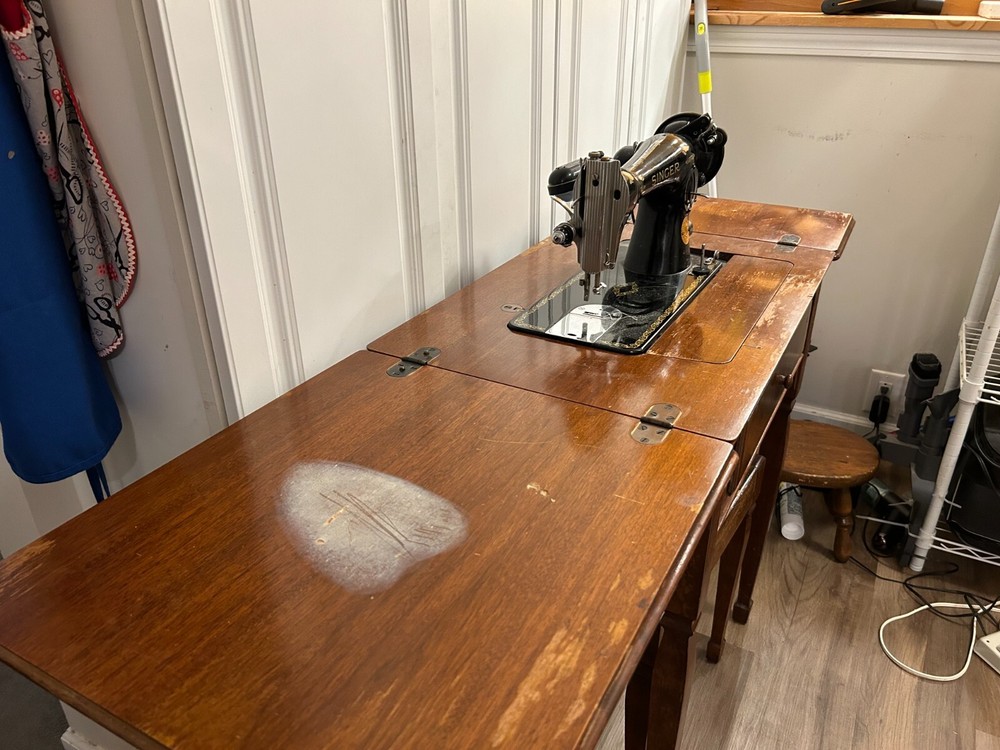 Singer Sewing Machine 1951 with custom table, stool, and accessories