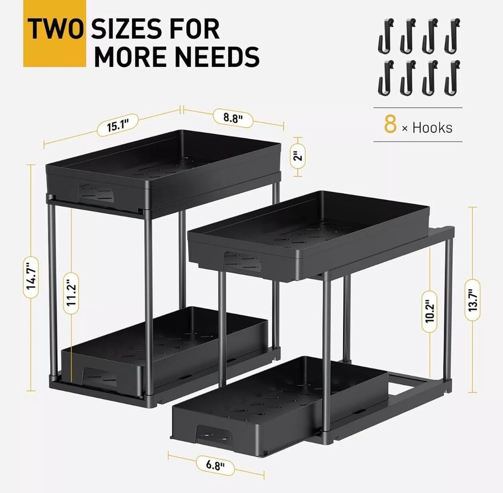 Delamu Under Sink Organizers and Storage, 2 Pack Pull Out Kitchen Black