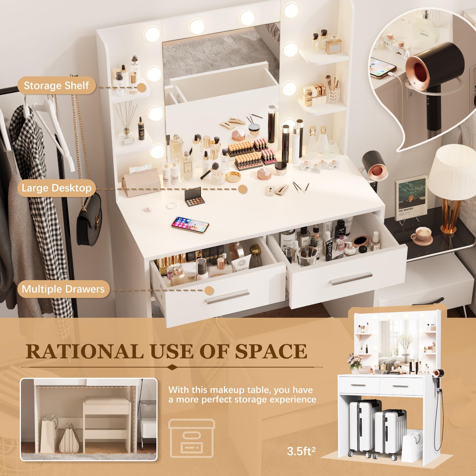 Furmax Makeup Vanity Desk w/ Mirror, Power Outlet, 3-Color LED Lights & Bench