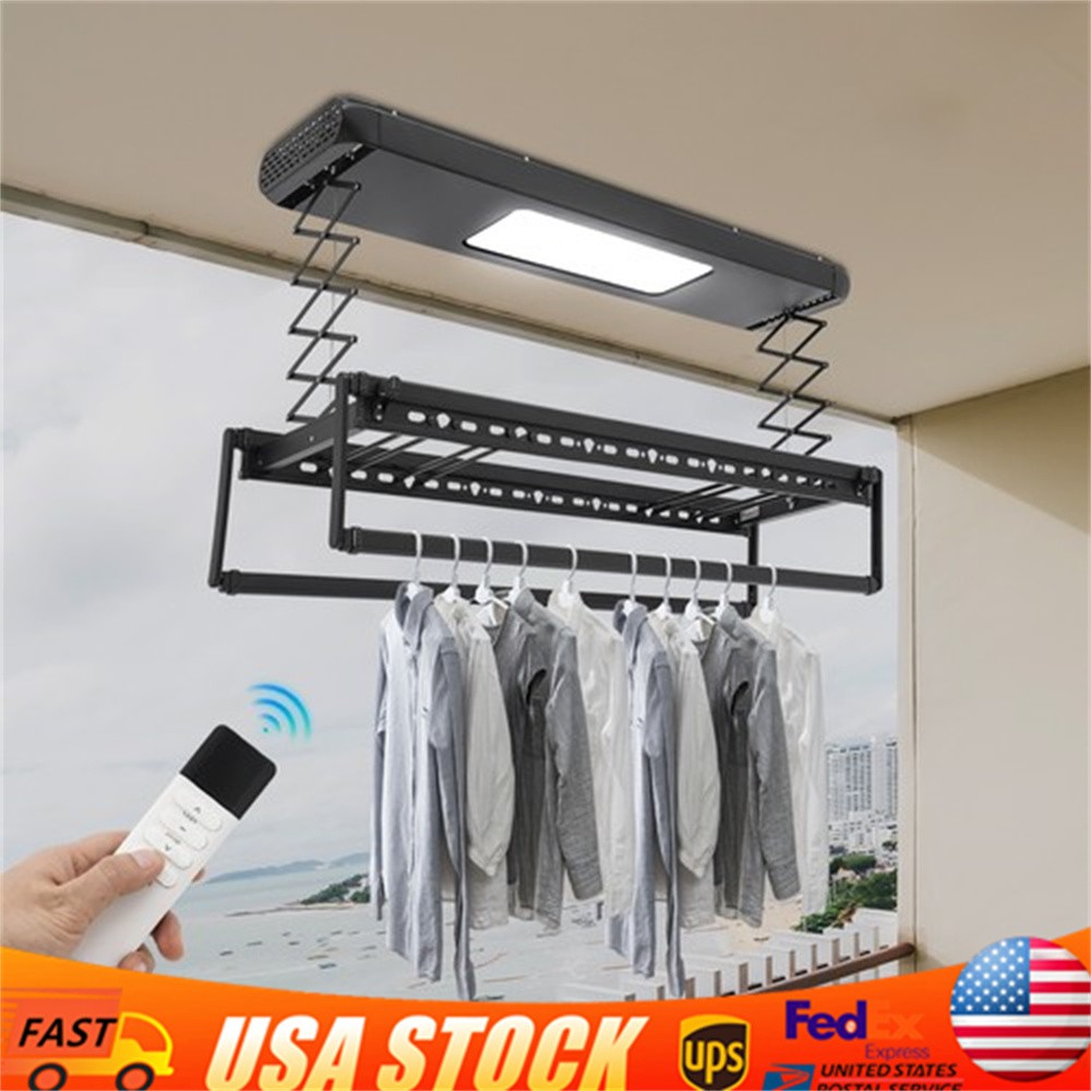 Electric Retractable Airing Rack Clothes Drying Rack W/ Remote Control & Light