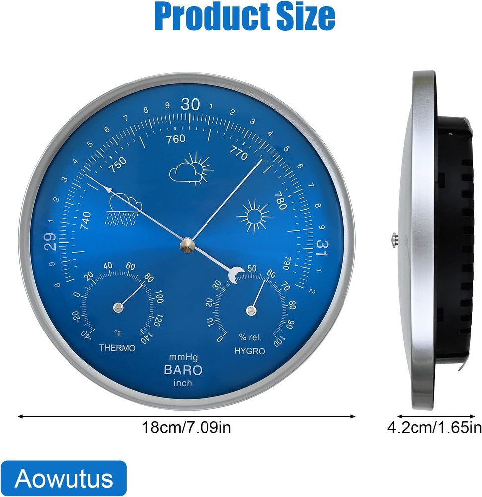 3 in 1 Barometer Thermometer Hygrometer, 7 in Diameter Dial Type Barometer, Trad