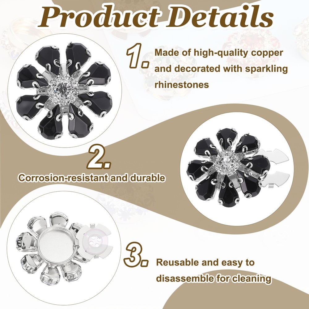 5 Pcs Rhinestone Button Covers, Water Drop Buttons, Black/Silver