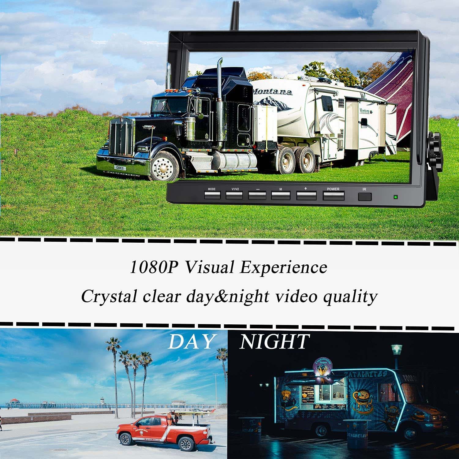 10.1" DVR 4-segment Monitor Wireless +2x 1080P Rear View Camera for Truck RV