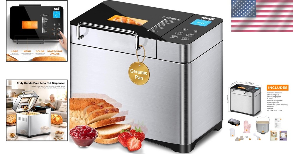 Luxury 2LB Bread Machine - Smart 17 Programs, Ceramic Pan & Touchscreen Control