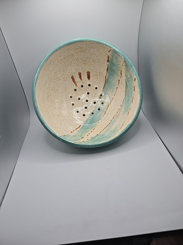 Handmade Pottery Berry Colander Strainer Stoneware Blue Gray