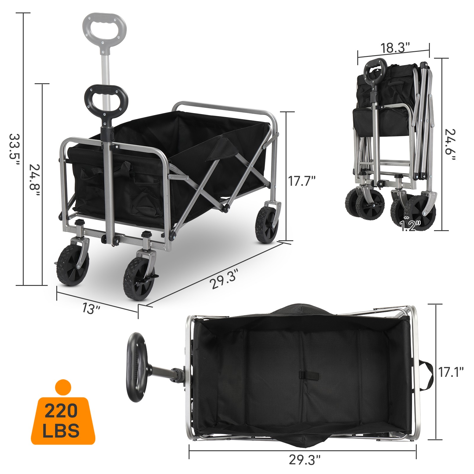 Collapsible Folding Wagon Cart Outdoor Beach Wagon with All Terrain Wheels Black