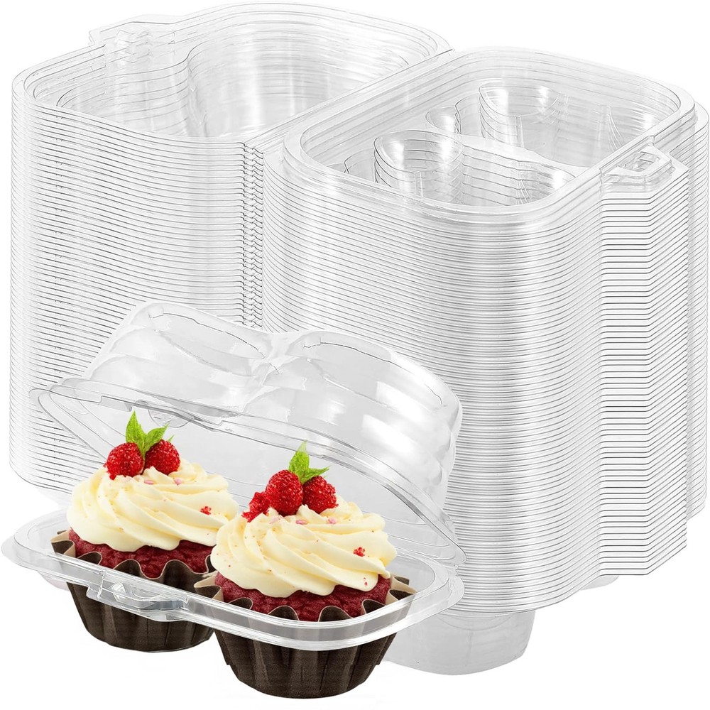 Cupcake Containers 50 Pcs 2 Compartment Clear Box Stackable Deep Dome