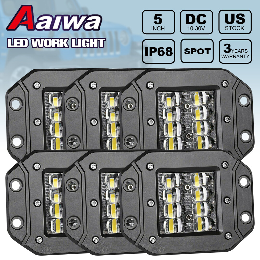 6pcs 5" Flush Mount LED Work Lights Combo Pods Offroad Driving Light Reverse 4WD