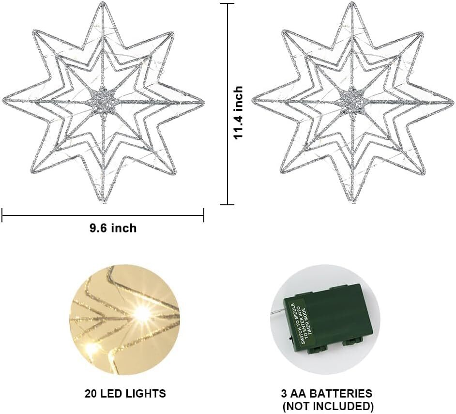 hogardeck Christmas Tree Topper, Glittered Silver 8-Pointed Large,