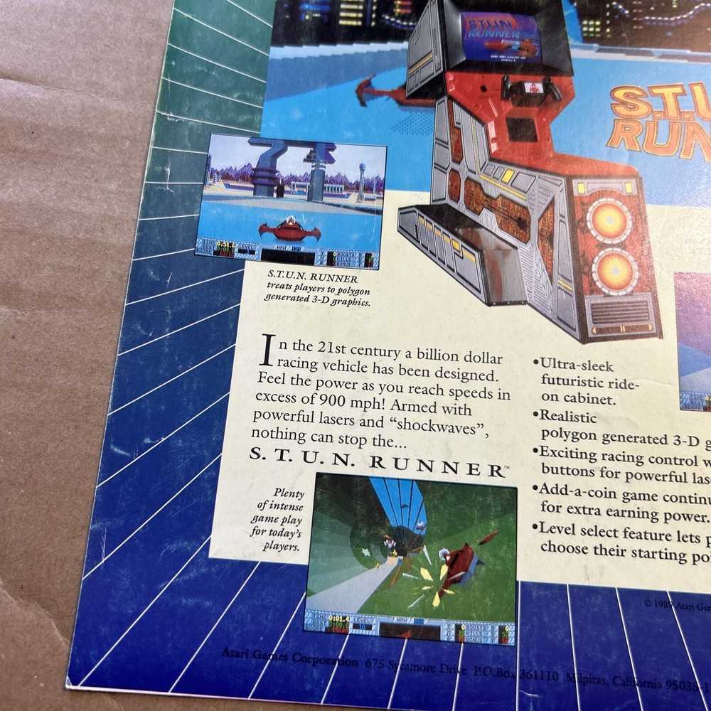 original ad 11- 8" Atari Stun Runner 1989 ARCADE VIDEO GAME FLYER