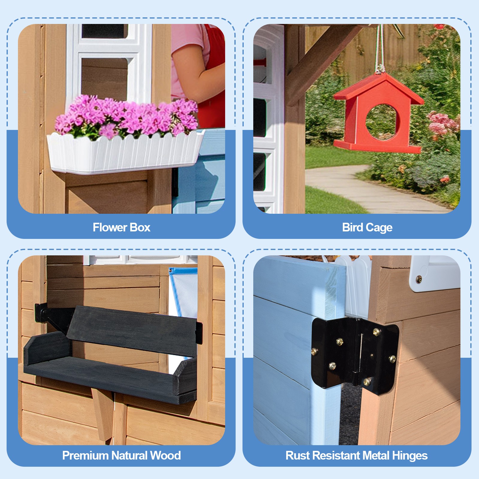 Wooden Kids Outdoor Playhouse with Window,Bench,Toy Kitchen,Flowerpot,Blackboard