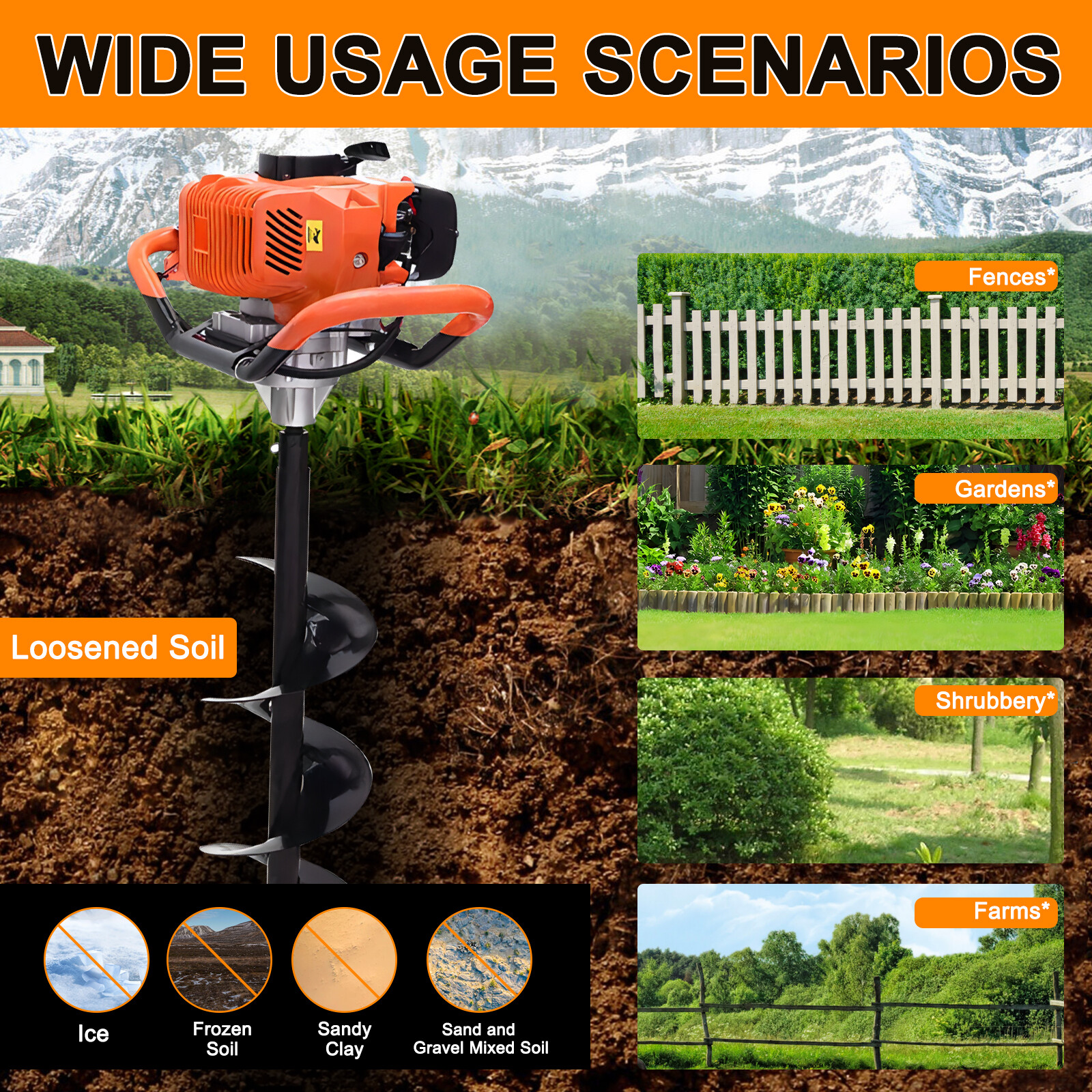 62CC Gas Post Hole Digger w/ 4 Drill Bits (4"-12") & 3 Rods for Garden Use