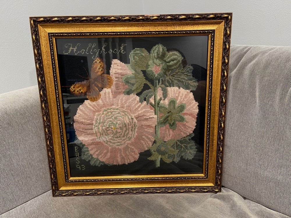 Framed Needlepoint Flowers & Butterfly Signed BAS Dated 93 Titled Hollyhook