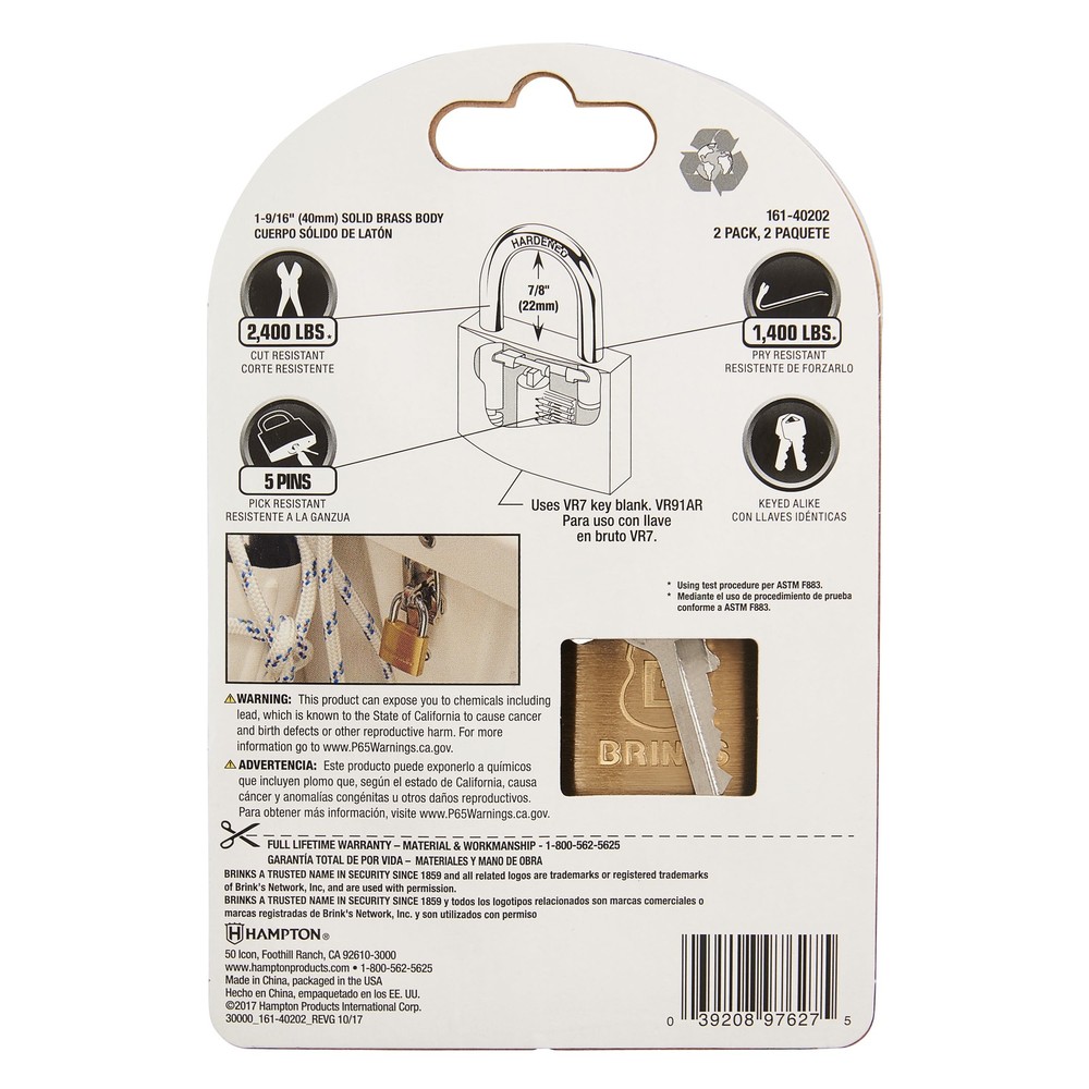 Brinks Solid Brass 40mm Keyed Padlock with 7/8in Shackle, 2 pack