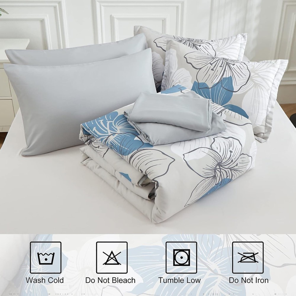 Floral pattern bedding set, blue floral pattern quilt and sheet set, 7-piece set