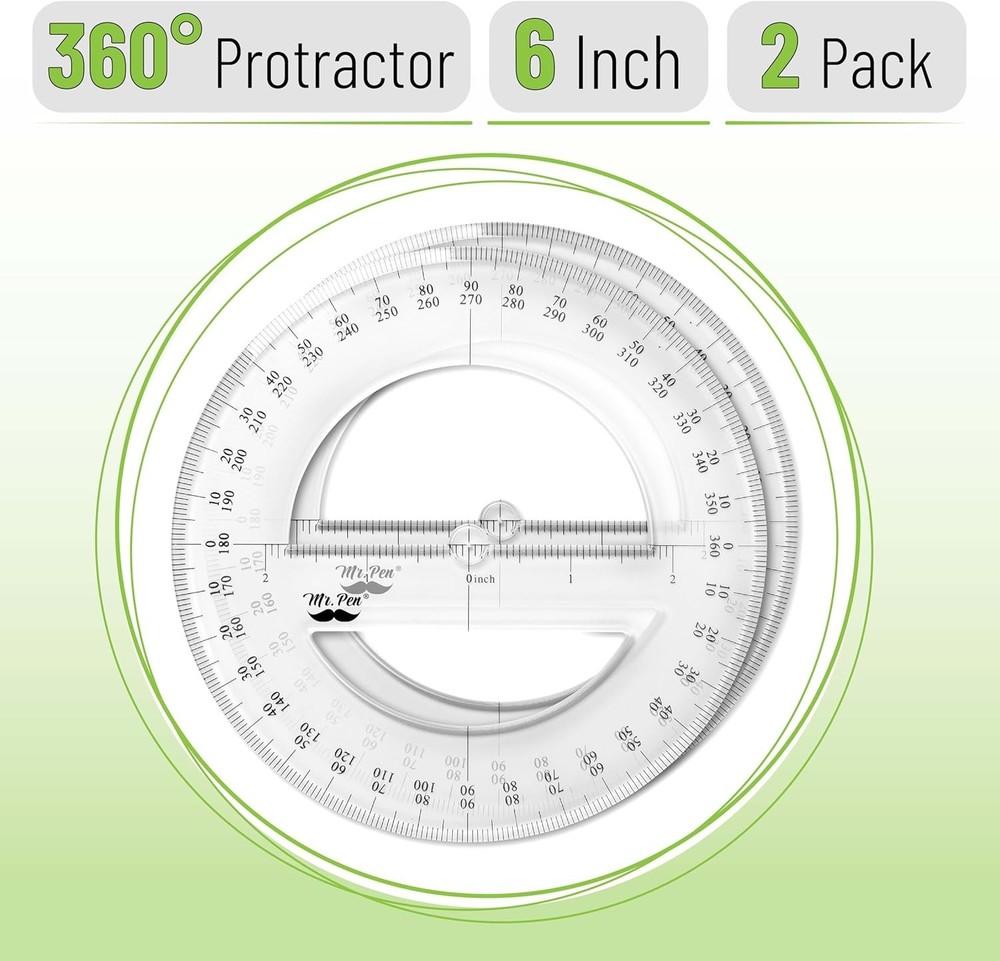 Math Geometry Protractor Set - 2 360-Degree Protractors in Clear Plastic