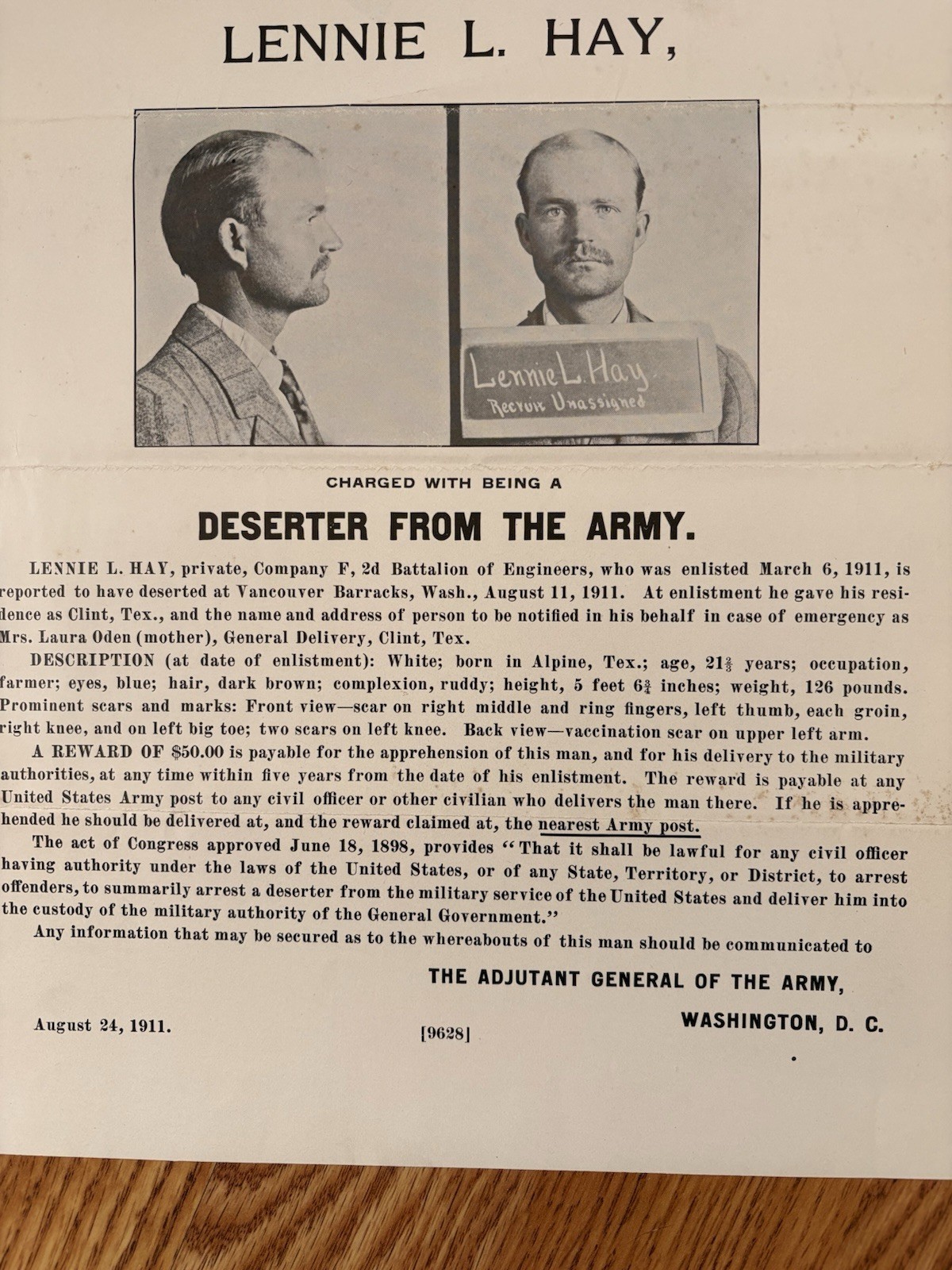 Antique WANTED POSTER Deserter US Army Pre WW1 11th Cavalry Fort Oglethorpe 1911