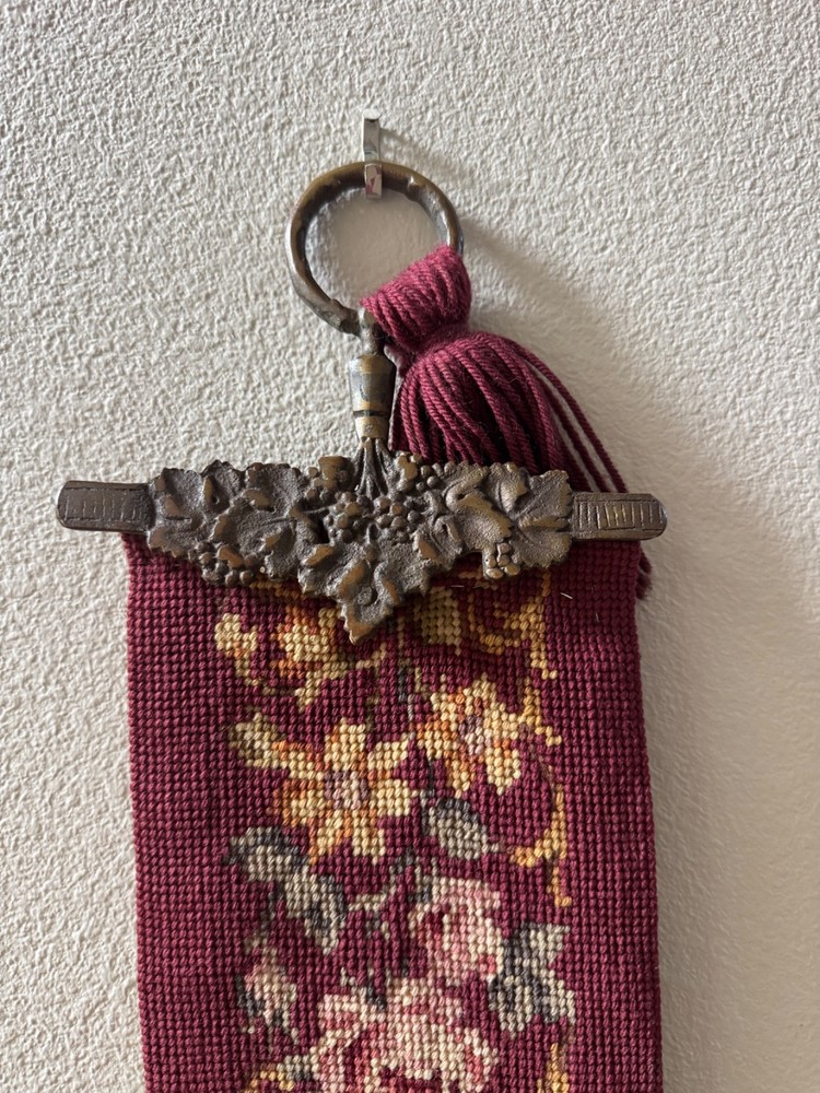 VINTAGE 63” NEEDLEPOINT BELL PULL ORNATE BRASS GRAPE HARDWARE HAND EMBROIDERED