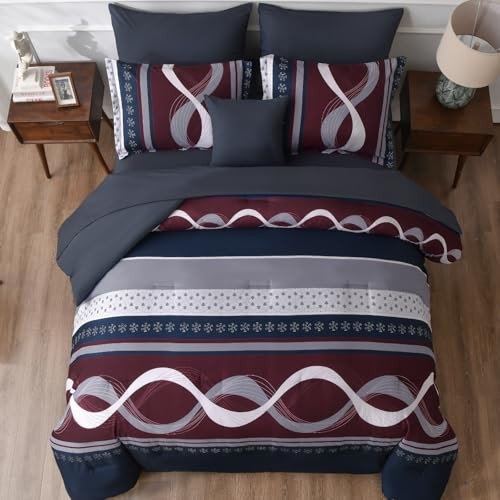 Striped Comforter Set Size,8 Pieces Bed in a Bag Patchwork Queen Blue Red